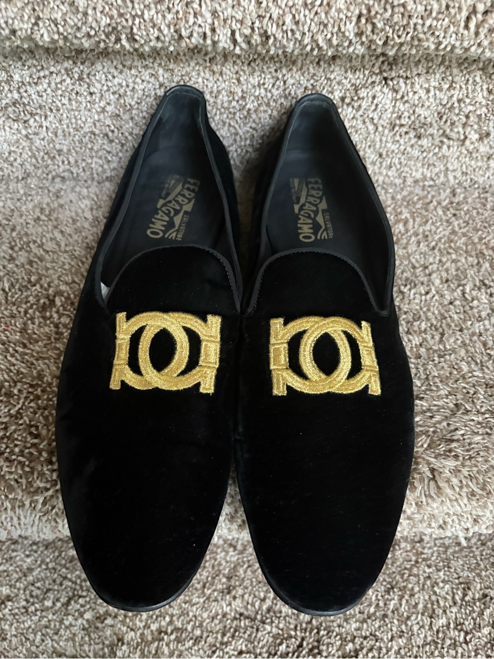 Salvatore Ferragamo Men’s Black Velvet Loafers with Gold Embroidered Emblem